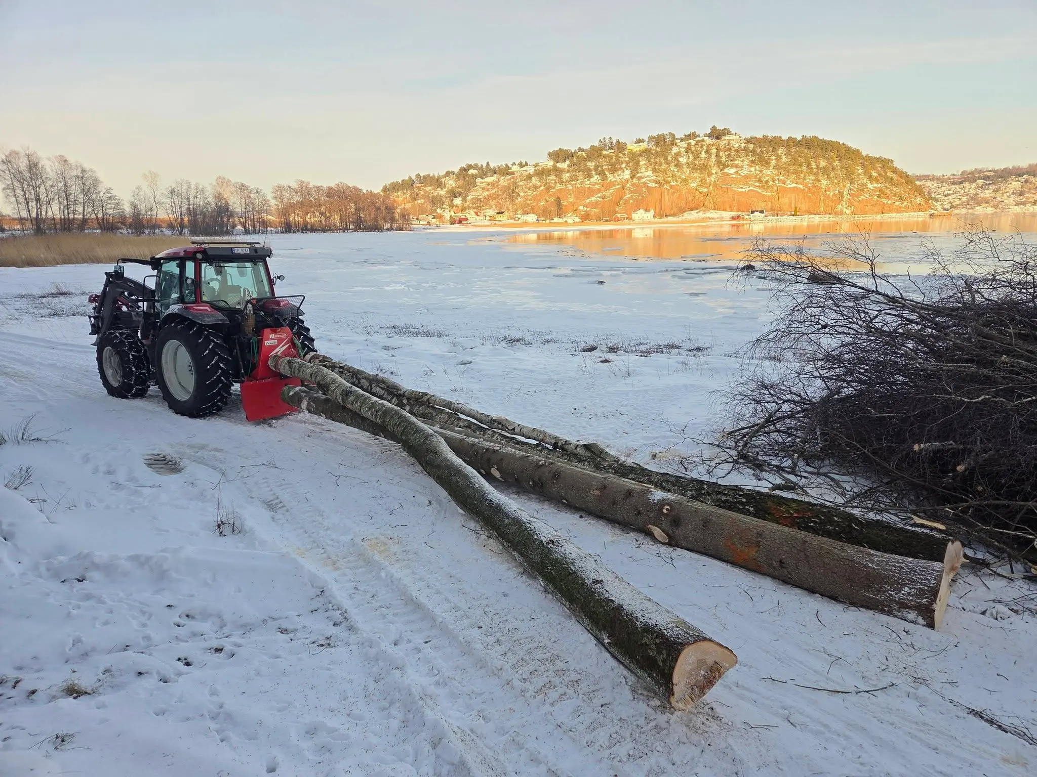 Traktor med trær på islagt vann